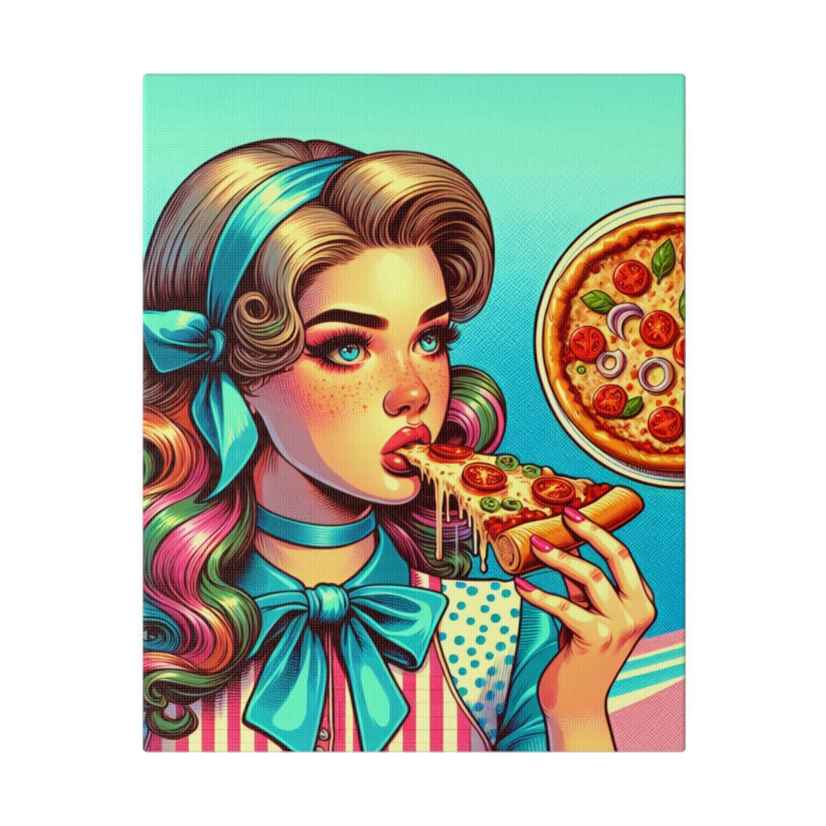 artistic representations of Y2K girls eating pizza.