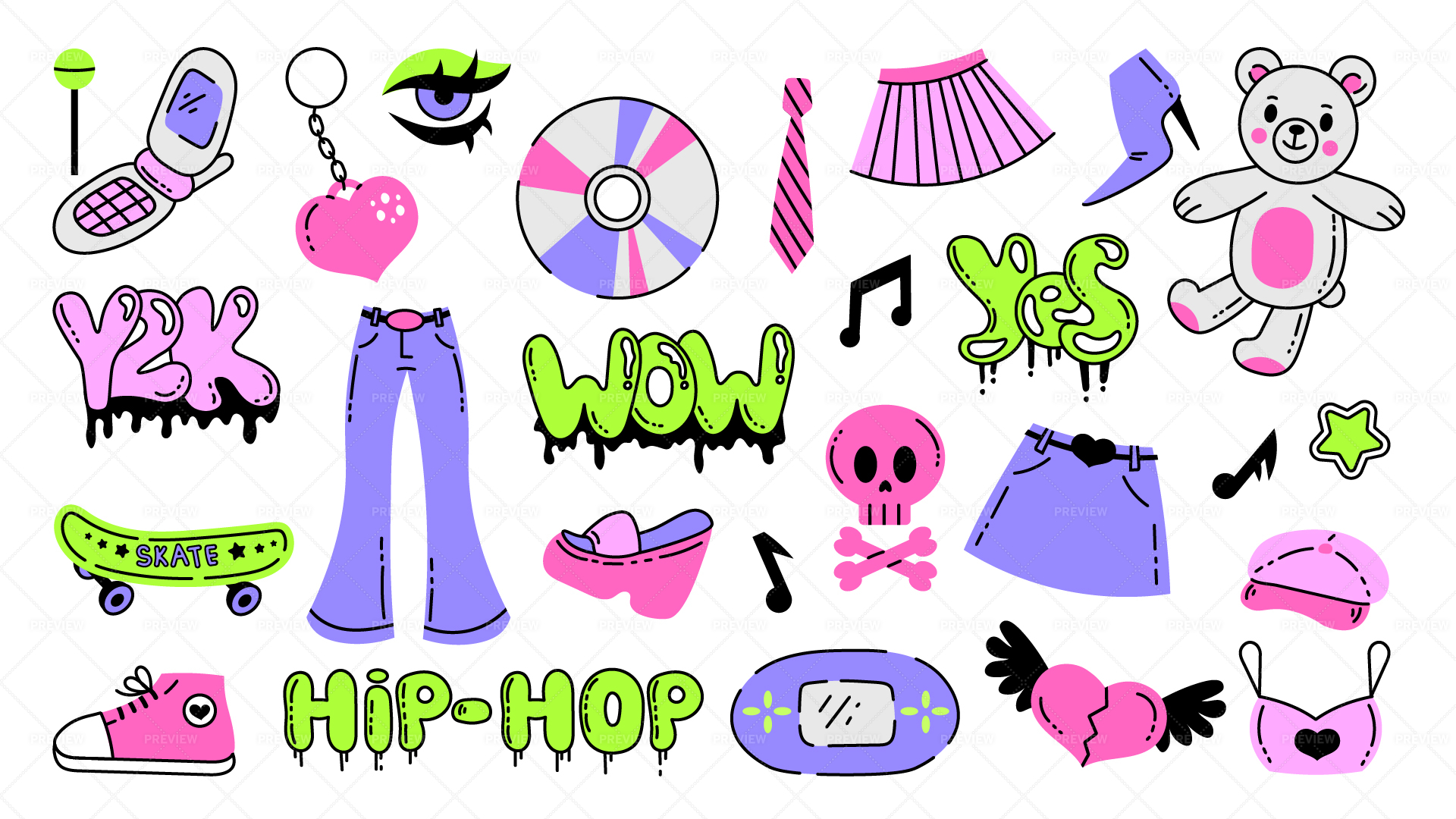 colorful cyber y2k doodles motifs