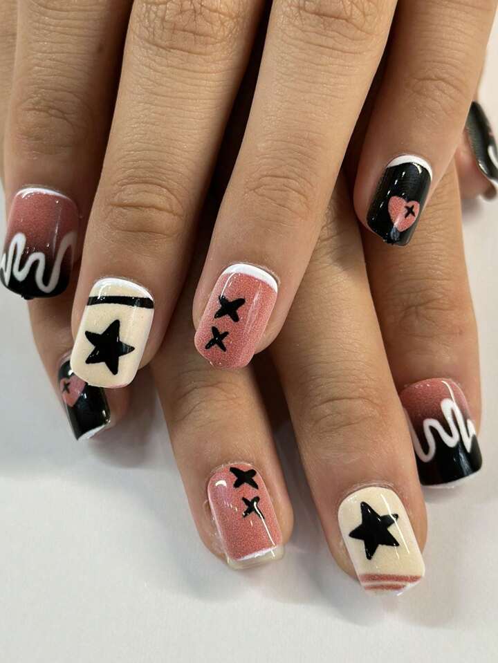 y2k star nails short 0060