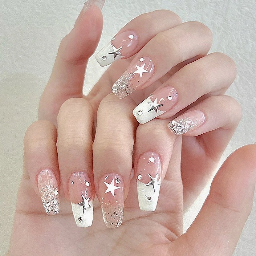 y2k star nails short 0073