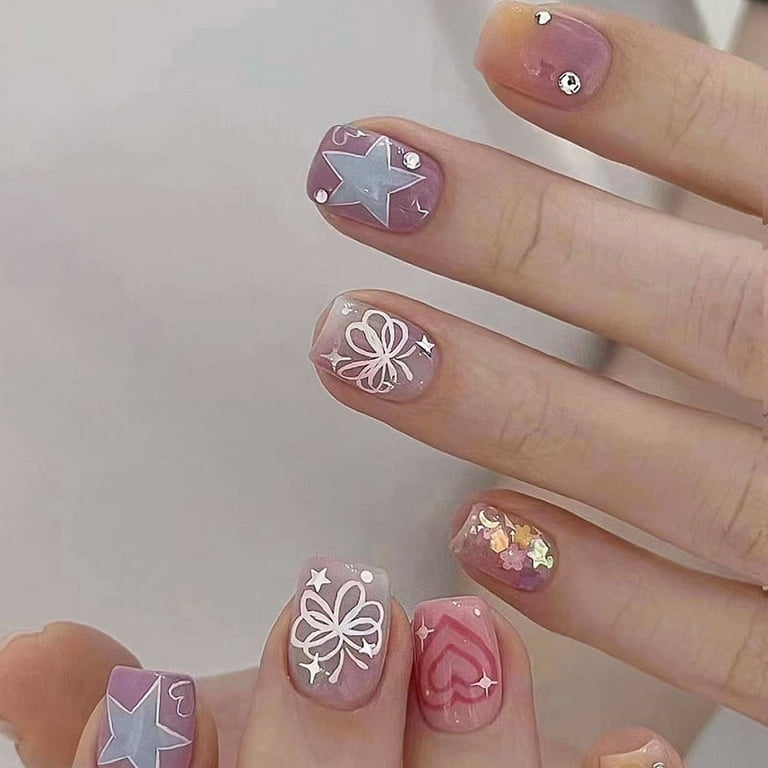 y2k star nails short 0081